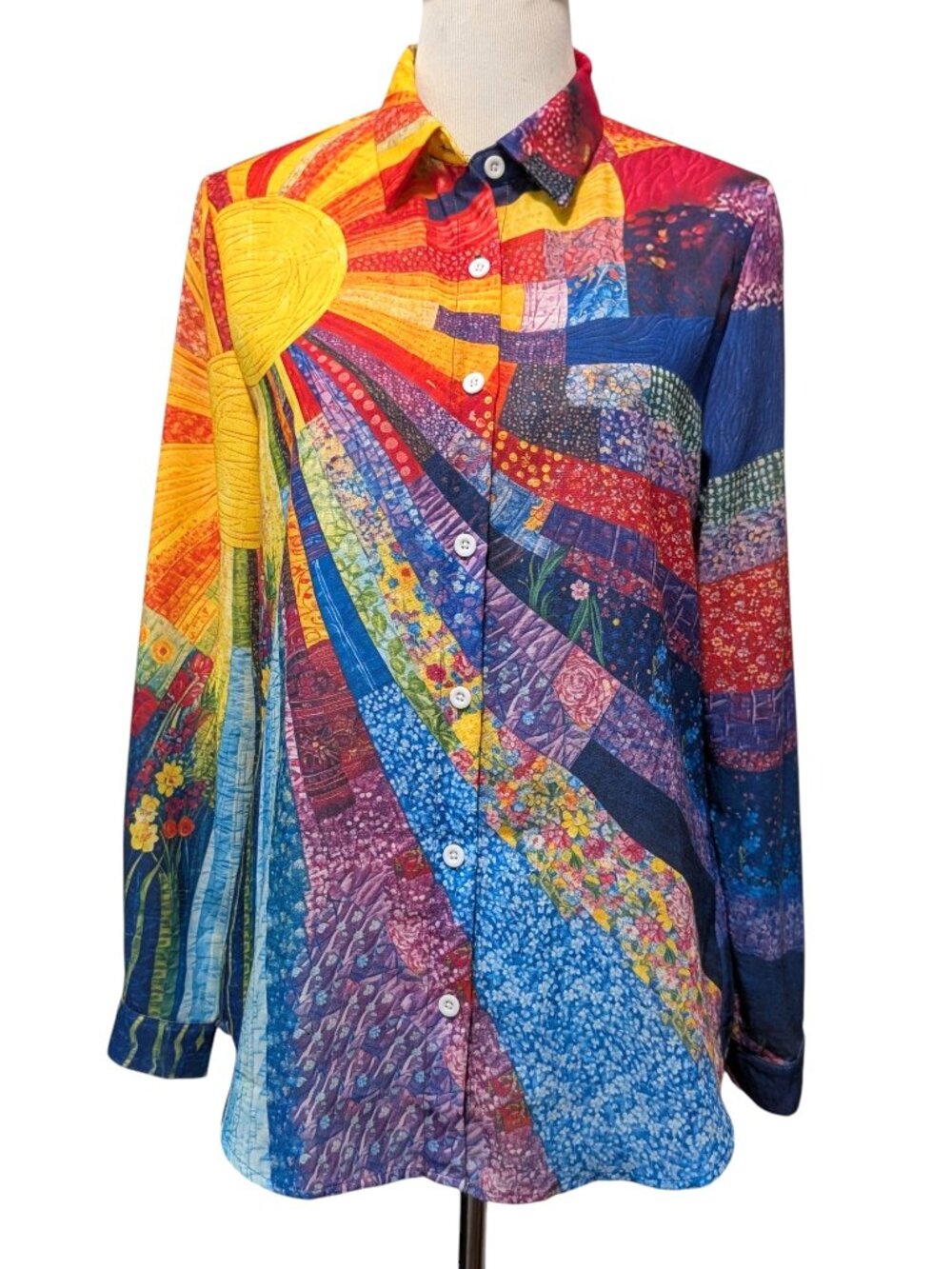 Shall We Womens Size M Colorful Sun Floral Patchwork Print L/S Button Up Top